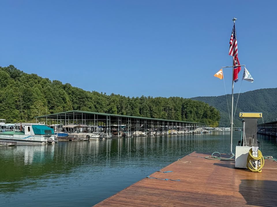 Covered boat slips and dock at Fish Springs Marina on Watauga Lake