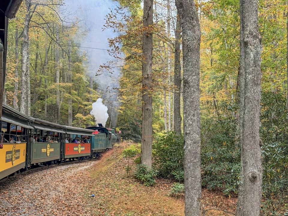The Tweetsie Railroad steam train rounding a bend through the woods